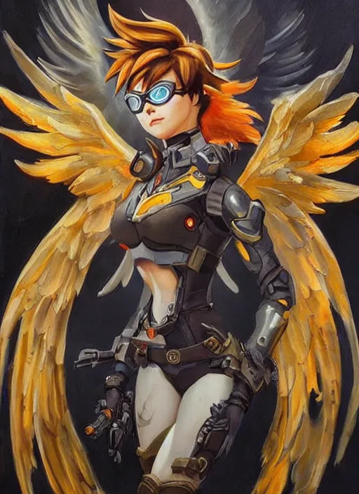 Image similar to full body oil painting of tracer overwatch in the style of frank frazetta, angel wings, angelic golden armor, dramatic painting, symmetrical composition, ornate, golden chains, high detail, gold detailed collar!!!!!, blooming, angelic, lights, flowers, heavenly, bright, detailed face,