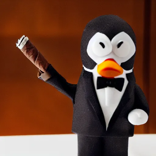 Image similar to cinematic shot of an anthropomorphic penguin wearing a suit and tie and holding a cigar in an office, very detailed, very intricate,