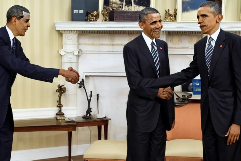 Prompt: mrbean shaking hands with obama, 4k
