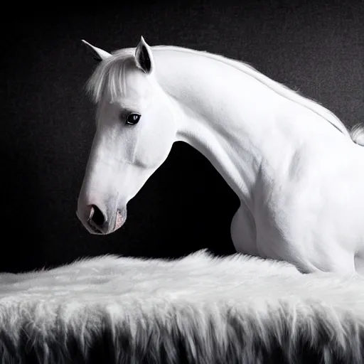 Image similar to boudoir photography of a white mare, purple mane and tail, oversized hindquarters, lying on a white blanket, photography by Annie Leibovitz