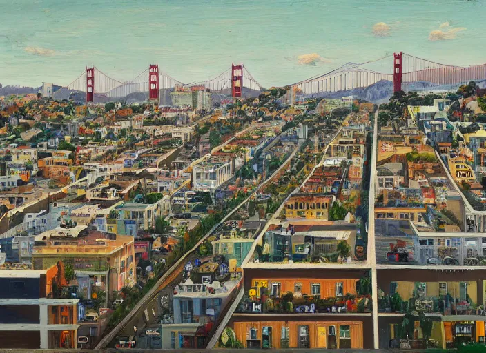 Image similar to a realistic San-Francisco cityscape, from the roof, tall terrace, hills, Golden Gate, houses, parks, and hell bursting in style of Wayne Thiebaud and Bosch