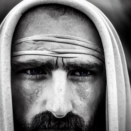 Prompt: minimalist photography portrait of a germanic pagan man, sad, crying, tear, early middle ages, super close up, mid thirties, cute round slanted eyes, caucasian, wide nostrils, high cheekbones, full cheeks, high flat eyebrows, leica 1 0 0 mm f 0. 8