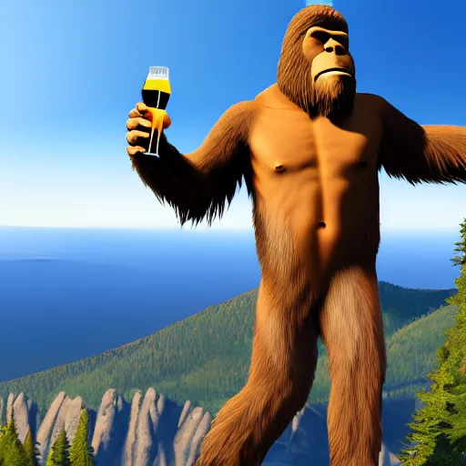 Image similar to Bigfoot at the top of a mountain, scenic view, holding a beer!!, digital art, gta 5 cover art, trending on artstation