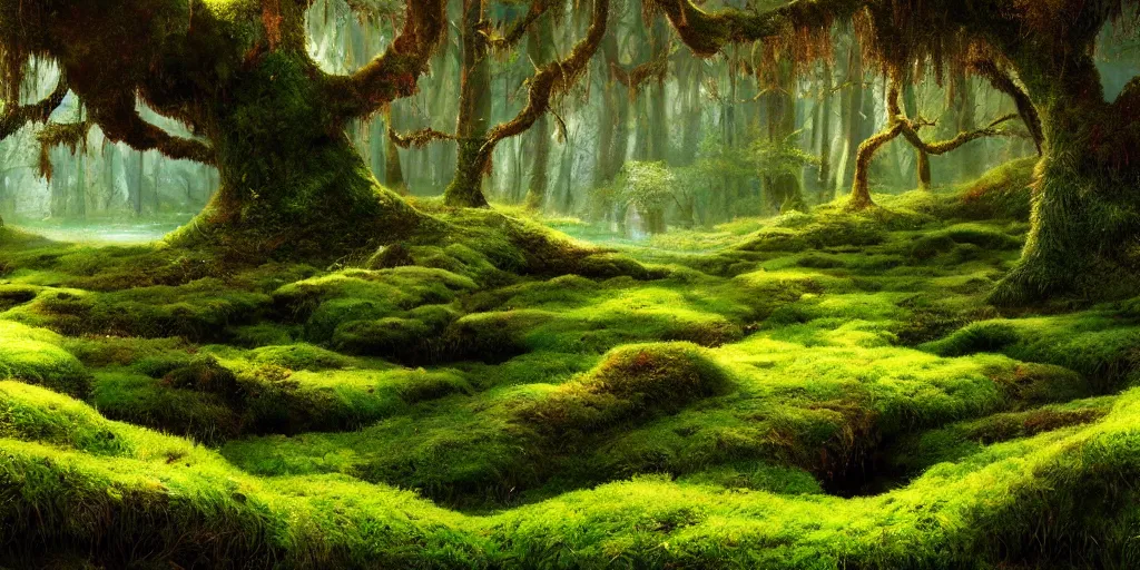 Image similar to gorgeous fields of moss landscape with glistening water, magical forest, brightly colored, magical, fantasy, landscape, beautiful, intricate details, highly detailed, sharp focus, concept art, digital painting, trending on artstation, still, screenshot, photo, photograph