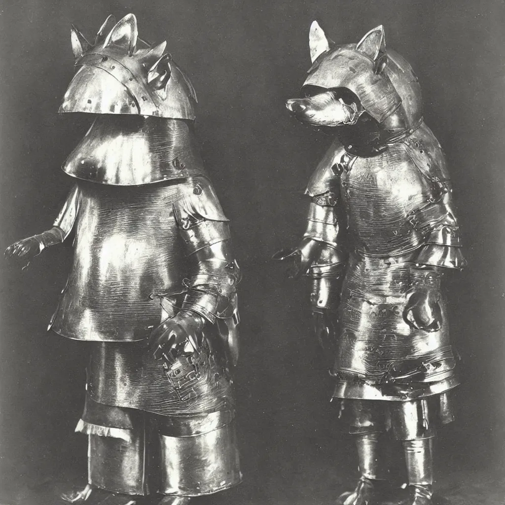 Image similar to anthropomorphic furry wolf in suit of armor, 1900s photograph