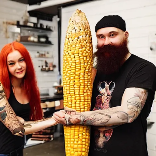 Image similar to photo of a slender attractive couple. The woman has long straight red orange hair. The man has a dark thick neatly groomed beard and tattoos. She is holding a giant corn and a cute baby. He is cutting her hair.