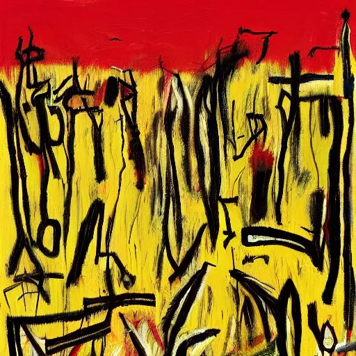 Prompt: autumn fields, painted by basquiat