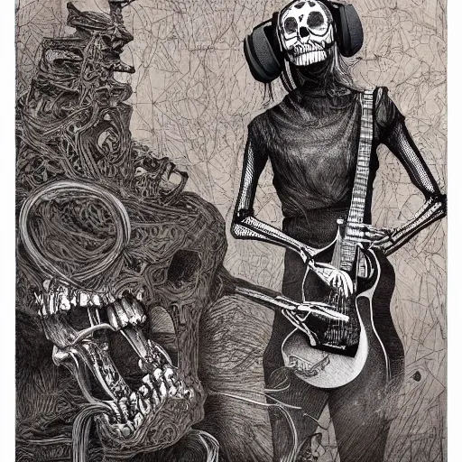 Image similar to skeleton wearing headphones, watching girl playing guitar while her black cat standing next to her, detailed intricate ink illustration, dark atmosphere, detailed illustration, hd, 4k, digital art, overdetailed art, by greg rutkowski, by loish, complementing colors, Trending on artstation