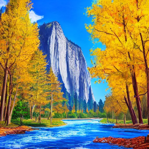 Image similar to painting of Yosemite on an autumn day, in the style of Mark Zuckerberg. Beautiful landscape, great lighting, very detailed, 8k, trending on art station