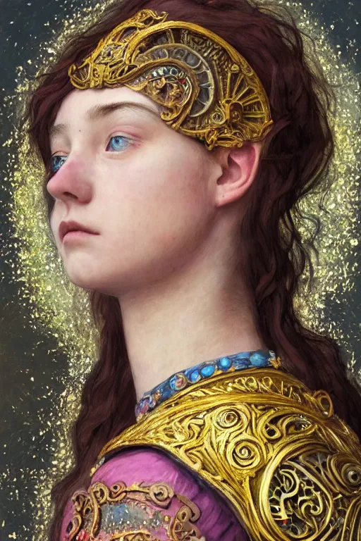 Prompt: a colorful head and torso art nouveau portrait of a 16-year old sun goddess who resembles Saoirse Ronan and Anya Taylor Joy with a worried, intense gaze and slightly opened mouth, ornate intricate iridescent battle armor, intricate, elegant, highly detailed, digital painting, artstation, concept art, smooth, sharp focus, illustration, art by John William Waterhouse and Bouguereau and Donato Giancola and alphonse mucha