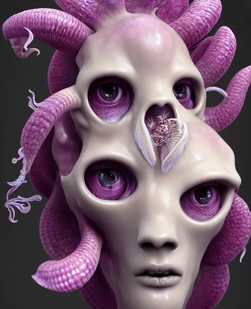 Image similar to goddess princess beautiful face close-up portrait ram skull zbrush sculpt. jellyfish phoenix head, nautilus, orchid, skull, betta fish, bioluminiscent creatures, intricate artwork by Tooth Wu and wlop and beeple. octane render, trending on artstation, greg rutkowski very coherent symmetrical artwork. cinematic, hyper realism, high detail, octane render, 8k