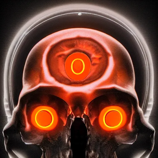 Image similar to real human skull with circular orange electronic led eyes in eye holes