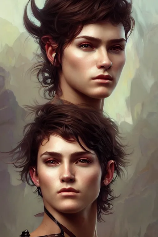 Prompt: photorealistic portrait of a young butch fae woman, handsome, female, masculine, upper body, fantasy, fierce, sharp features, intricate, elegant, highly detailed, digital painting, artstation, concept art, matte, sharp focus, illustration, art by artgerm and greg rutkowski and alphonse mucha