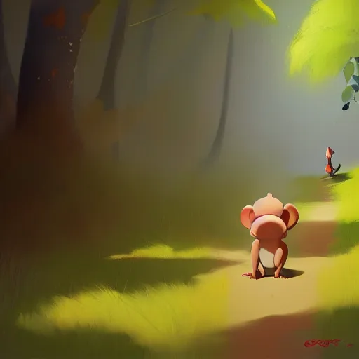 Image similar to goro fujita ilustration a baby monkey walking in the forest, painting by goro fujita, sharp focus, highly detailed, artstation