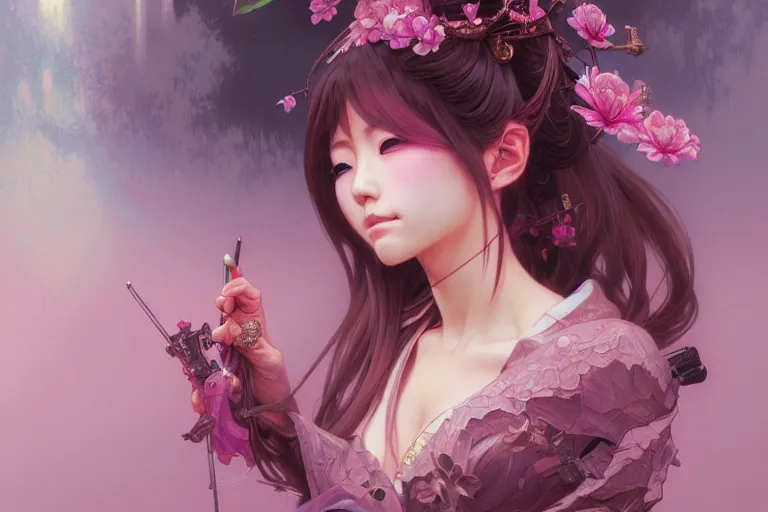 Image similar to Portrait of japanese gyaru, D&D, pink eyes, face, fantasy, intricate, elegant, highly detailed, digital painting, artstation, concept art, smooth, sharp focus, illustration, art by artgerm and greg rutkowski and alphonse mucha