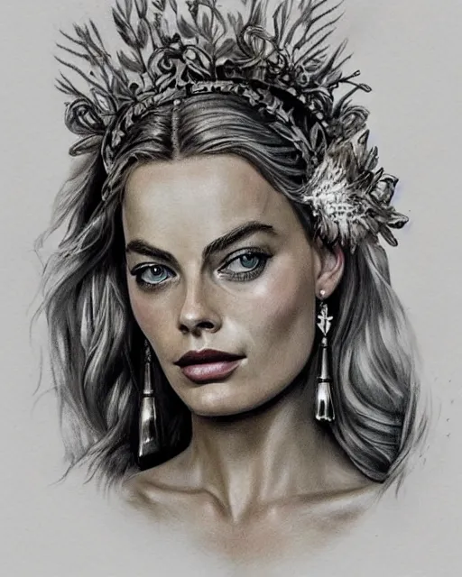 Image similar to realism tattoo sketch of margot robbie as a beautiful greek goddess aphrodite with piercing eyes wearing a laurel wreath and triangle earrings, in the style of greg rutkowski, amazing detail