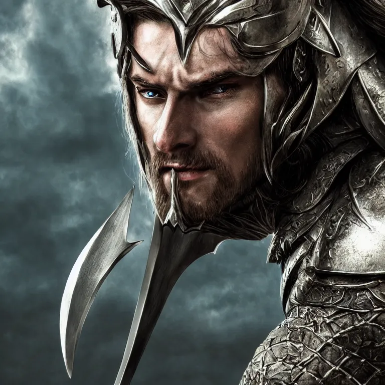 Image similar to fantasy art of a male human warrior, lord of the rings, poster, full body, realistic, sharp focus, 8 k high definition, insanely detailed, intricate, elegant, character portrait, portrait, close up, concept art