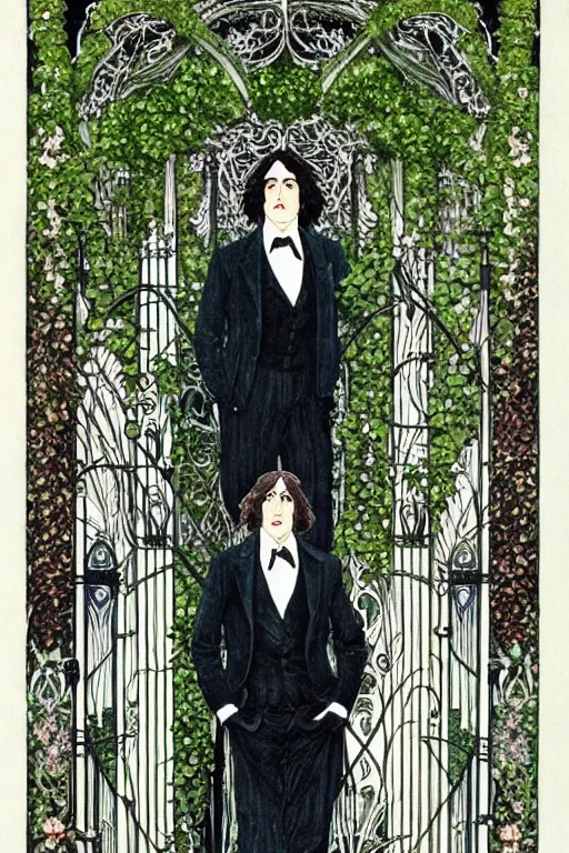 Prompt: realistic portrait of oscar wilde in the center of an ornate gothic gate with ivy, detailed art by kay nielsen and walter crane, illustration style, watercolor