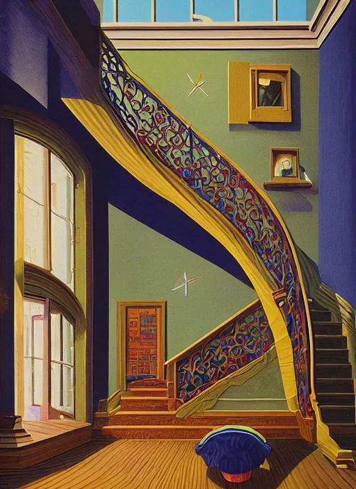 Image similar to the staircase at powell's, vintage shapes, retro technology, happy colors. rob gonsalves, oil on canvas, deep depth field, masterpiece, cinematic composition, hyperdetailed