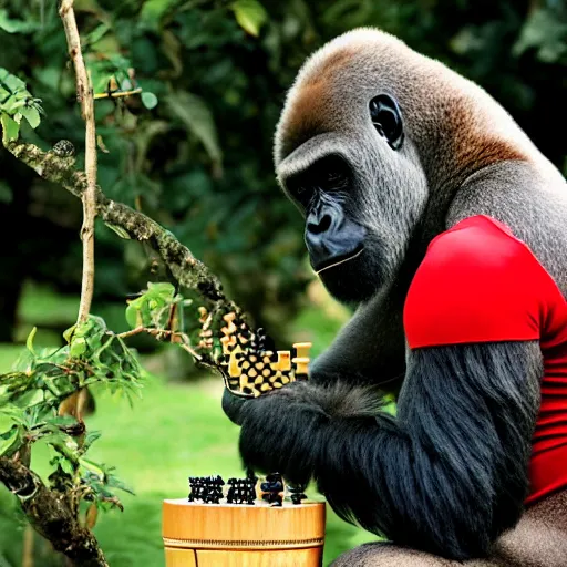 Prompt: A gorilla playing chess while eating pudding in a tree, On the television show Baywatch