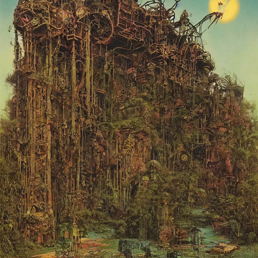 Image similar to an abandoned theme park, by richard corben, bruce pennington, and zdzisław beksinski. goosebumps cover art. pulp horror art.