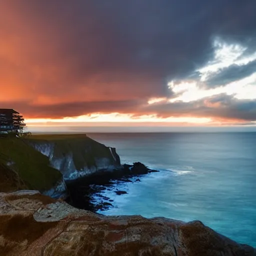 Image similar to micro - hurricane, blue hour, early night, deep blue atmosphere, low light, black and blue sky, sundown, scattered islands, sea, ocean, low pressure system, cloud with eye, very windy, late evening, distant hotel retreat on cliffside, shining lights on cliff side, polaroid photograph