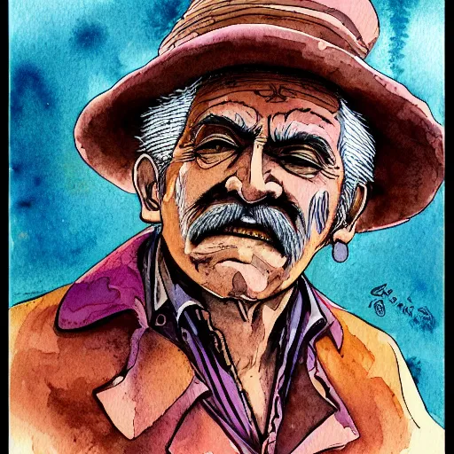 Image similar to a 3 / 4 view watercolor ink painting of old old mexican magician closes eyes, gray haired, in the style of jean giraud in the style of moebius trending on artstation deviantart pinterest detailed realistic hd 8 k high resolution