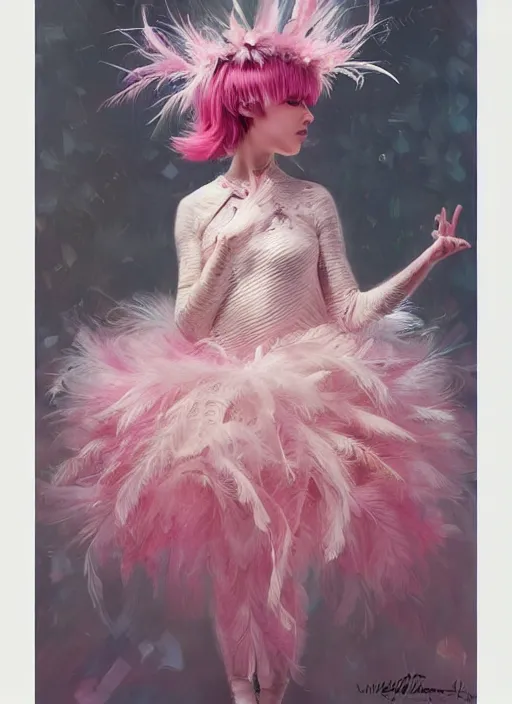 Image similar to beautiful little girl with an pink eccentric haircut wearing an dress made of feathers dancing on stage, artwork made by ilya kuvshinov, inspired in donato giancola, hd, ultra realistic, reflection, flowers, light