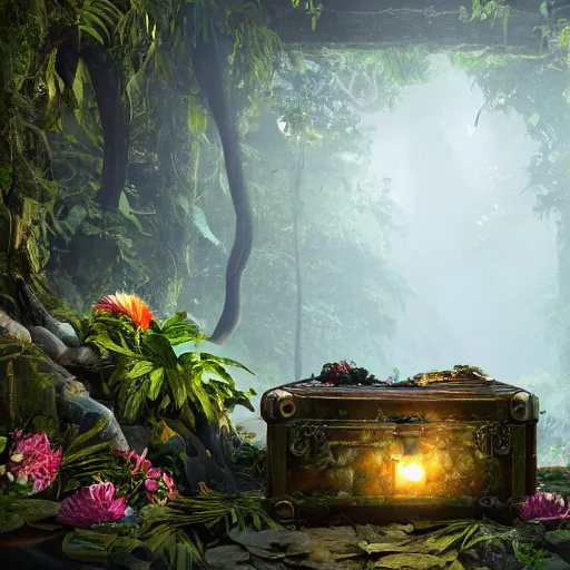 Image similar to Skull and jungle environment, many flowers and one treasure chest by Skull, atmospheric, octane render, 8k, cinematic, hyperrealism, artstation, HDR, cgisociety, smooth, volumetric lighting