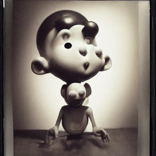 Image similar to a black and white polaroid photo of [ a homunculus with a nose for a head and a chubby body ], by robert crumb, by jim henson, by gary baseman, high contrast, soft lighting, surreal, film photography