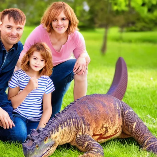 Image similar to a family portrait of a family with a pet dinosaur, cute, uhd, 8k, award winning,