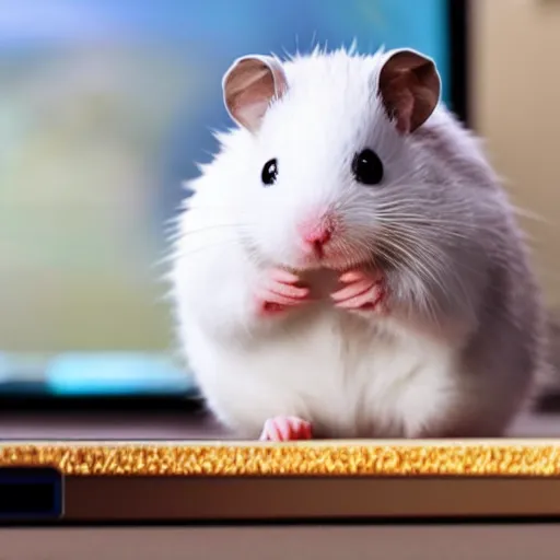 Prompt: white hamster holding with its little pawns a liftle nintendo switch playing