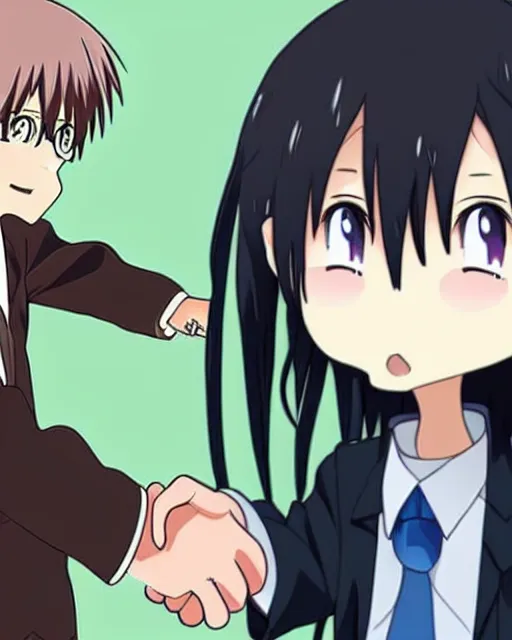 Image similar to a person shakes hands with an anime character in both styles