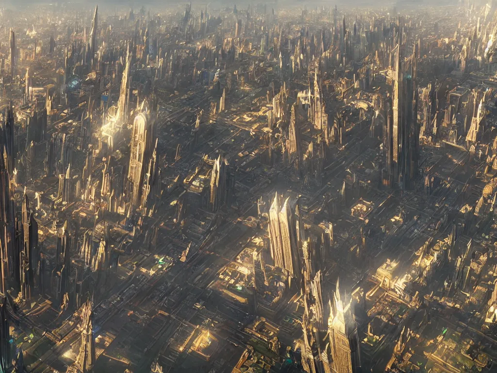 Prompt: big iridescent city with a few extremely tall spiking towers, unreal engine 5, art by artgerm and greg rutkowski and alphonse mucha, global illumination, detailed and intricate environment, hyperrealistic, volumetric lighting, epic cinematic shot, perfectly defined features, ambient occlusion