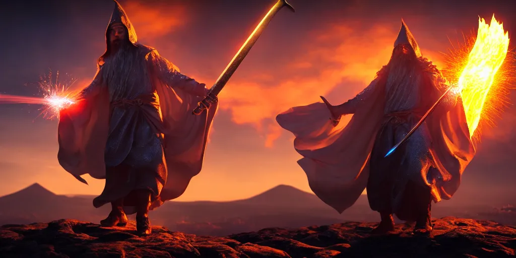 Image similar to levitating wizard wielding a sword, opening a shining portal, night sky, horizon of an erupting volcano, 4 k, ultra realistic, detailed, epic lighting, high detail, masterpiece, trending on artstation