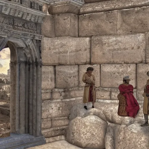 Prompt: 8 k, uhd, historical coloured pictures of ancient roman playing ps 5, highly details textures, highly details content