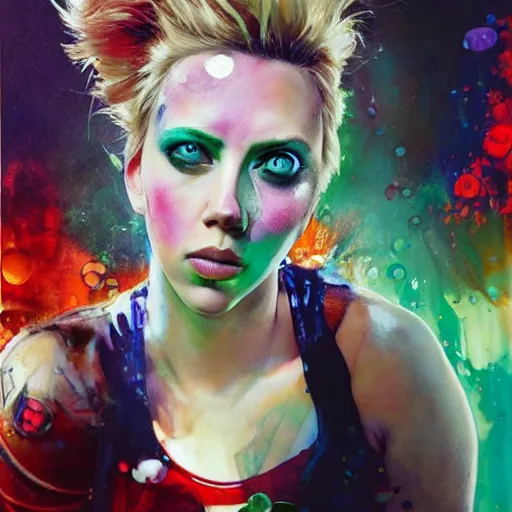 Image similar to drunken scarlett johansson as delirium from sandman, one green eye and one blue eye, hallucinating colorful soap bubbles, by jeremy mann, by sandra chevrier, by dave mckean and richard avedon and maciej kuciara, 1 9 8 0's, punk rock, tank girl, high detailed, 8 k