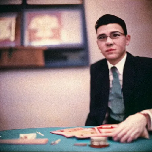 Prompt: A young man in a suit sits at a table , USSR logo in background, bokeh, cinestill, fine details