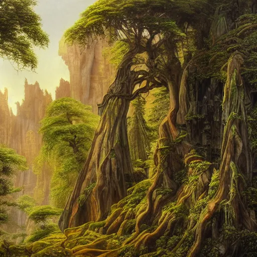 Image similar to a beautiful and highly detailed oil painting of am elven temple deep in the mountains, beautifully detailed ancient trees, lush plant growth, intricate details, epic scale, insanely complex, 8 k, sharp focus, hyper realism, fantasy landscape, psychedelic, by caspar friedrich,