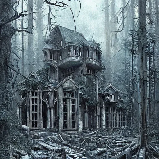 Image similar to abandoned Technologic villain mansion in the woods, very coherent symmetrical artwork, cinematic, dark, moody, foggy, by Ted Nasmith