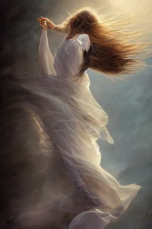 Prompt: beautiful woman dancing in the wind, beautiful face, ethereal, gorgeous, volumetric lighting, elegant, fluid, highly detailed, digital painting, concept art, highly detailed, smooth, illustration, limited color palette, atmosphere and tension, art by greg olsen and liz lemon swindle