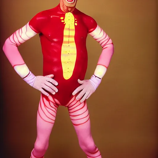 Image similar to uhd photorealisitc candid photo of anthony fauci dressed as slim goodbody. bloody. correct coostume. correct face, accurate face. photo by annie leibowitz and steve mccurry