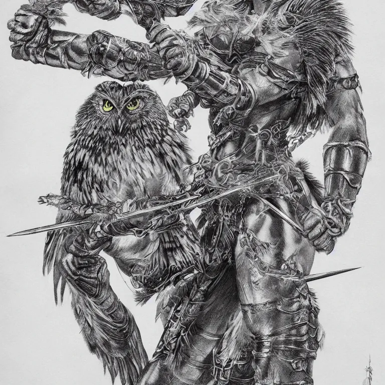 Prompt: muscular female owl warrior, realistic proportions, sharp focus, beautiful face, wearing feather armor, wielding an owl broadsword, symmetrical, highly detailed, engraving kentaro miura manga art style trending on artstation 8 k