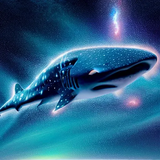 Prompt: i left the horizon curled and frozen still the tilting of the hourglass with all this time to kill, 8 k digital photo of a cosmic whale shark flying through an intricate luminous gouache nebula background, bryan skerry, douglas hoffman, bob eggleton, ultra detailed vfx, behance contest winner, sharp focus, official art, super cool!!!