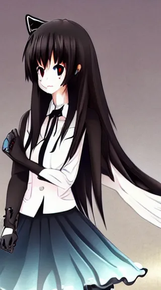 Image similar to Anime Screenshot of a “red-eyed black-haired anime fox girl” wearing black fingerless-gloves, high-waist-black-skirt, white-collared-shirt blue-open-jacket, black-necktie, unsheathing her katana, white background, visual-key, anime illustration, pixiv, anime-twitter