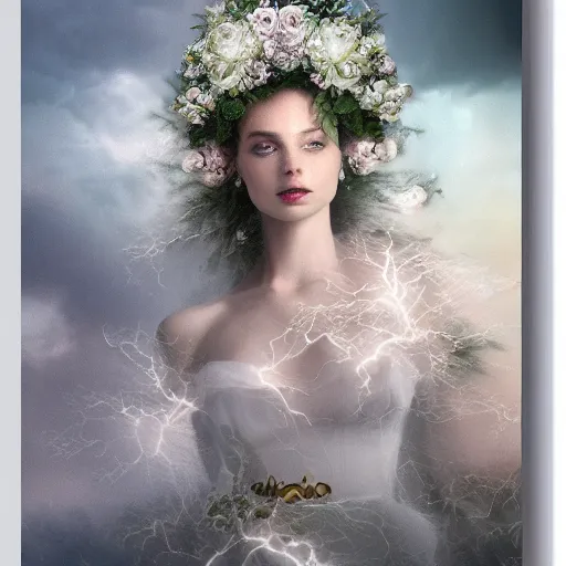 Prompt: a queen with a white large magnificent more and more vaporous ,wrapped ,hight decorated,detailed ,white roses cotton dress shooting surrounded by a bouquet of abstract white flowers and clouds during lightning storm ,surrealism 8k