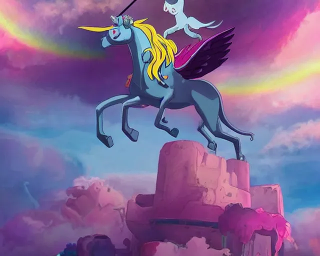 Image similar to the rainbow unicorn from adventure time with Fin and Princess bubblegum riding on top flying through a ruined city in hyper realistic style