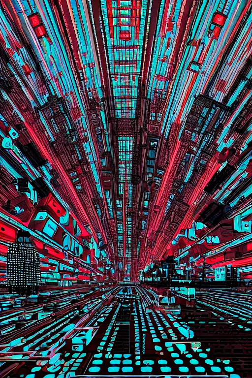 Image similar to drum machines and synththezisers cityscape, modular, in the style of akira, tron, sculpted by gaudi