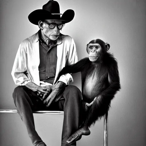 Image similar to photo of a chimpanzee wearing a cowboy hat sitting on le corbusier couch, 5 0 mm, beautiful photo