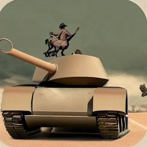 Prompt: a horse riding a tank while drinking a coffe and eating a turtle while driving a truck